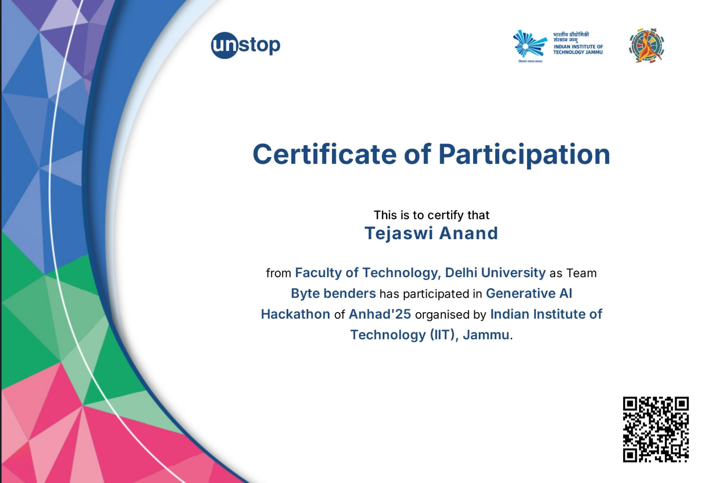 Anhad Gen AI Hackathon Certificate